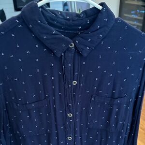 Navy Button-Up Shirt Dress with Subtle Print